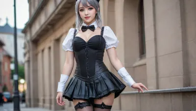 21 years old, UHD 8K, detailed background, street, purple eyes, cat ears, gray cat tails, five fingers, perfect fingers, gray hair, a masterpiece of the highest quality, the work of a true master, jewelry, black lace thigh-high stockings, white shirt, black leather corset above the bust, with a zipper, ruffles, light blue stripe at the bottom of the skirt, black skirt, Lynette, Lynette Genshin Impact, (Genshin, Impact), (lin, ni, te), 1 girl, slender, waist, slender figure, solo, small tits, bow, ear, fluff, cleavage, bangs, face, smile, star-shaped mark on the right cheek, pleated leather skirt with a light blue stripe at the bottom, black, bow tie, <lora:linnite_x_00004l:2>