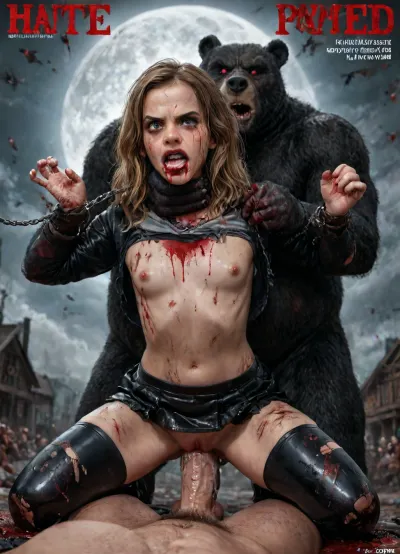 (Magazine cover "Pleasure":1.3), high POV, flat chested, (detailed Hermione Granger face), 18 year old adult girl, posing, pleased smirk expression, (detail wearing a plain tught shiny latex Hogwarts Gryffindor school uniform, pleated latex mini skirt, black latex stockings), beautiful realistic pussy, ghostly aura, large pointy breasts, (small nipples), (angry:1.7), (mascara tears), (wide eyes:1.2), ripped clothes, amazon, giant, fur barbarian armor, bloody, blood spatter, bear, bear heart, (in a bloody filed after a battle, white full moon in the sky:1.4), ((analrape spitroast)), ((large cock in mouth:1.12)), (cum explosion from mouth:1.125), shocked, deep anal penetration, (man is choking her from behind:1.2), cinematic_lighting, blush, ((gangbang_rape, doubleanal_rape, arms_behind_head, nsfw:1.24)), ((hogtied, bound with large chains, tied to a torture van:1.3)), (wide mouth spreader:1.24), (Torture, defiling, sadism:1.18), cock in mouth, (brutal face fuck), Blowjob, (tears in eyes:1.5), (running makeup), (cum drips from nose:1.3), ultra hd, photorealistic, hyper gigantic large black cock in mouth, (((hyper gigantic large black cock in mouth:1.12))), oral cream pie, hair grab, sad, sad crying, tongue out, gasping for air, gangbang, double anal penetration, anal spitroast, groupsex, deepthroat, (4 gigantic African black brute thug, huge trunklike arms, huge head, hyper muscular body, dressed in slave clothes:1.32), ((hogtied, bound for sex, tied up)), (eyes wide open in horror:1.72), (wide mouth spreader:1.8), (pleading expression:1.56), (terrified:1.48), (crying:1.48), (fear and panic:1.56), (hands pulling nipples hyper hard:1.12), nipple clamps, Uber realistic, 8k, ultra detailed, masterpiece, arched back, detailxl, 35mm photograph, film, professional, 4k, 1girl, 5 boys, hdr, photographic, ultra realistic, ultra high details, back light, gargantuan black cocks, anal sex expansion, large hyper muscular fat old men, (double anal sex), swollen white veiny cocks, (double anal penetration), hardcore double penetration, proper physics, big white cocks, muscular white double anal gangbang, (forceful penetrations), extremely graphic, shocked expression, beautiful hands, Realism_Quality_2xx_By_Stable_Yogi, score_9, score_8_up, score_7_up, (((very pretty face:1.3))), (((extremely ultra detailed face:1.3))), perfect fingers and hands, (very low view angle, side view:11), (extreme size difference:1.12), 4k extremely graphic, high detail, porn photoshoot, (eyes wide open in horror:1.44), (wide mouth spreader:1.5), (terrified:1.44), (crying:1.85), UHD 8K, (full body photograph:1.1), (whip marks:1.44), (whipped tits:1.44), professional photograph shot on kodak, 35mm photo, sharp focus, high budget, cinemascope, 100 mm lens, 1/250 s, f/2.8, ISO 300, Hermione_Granger, <lora:LCMTurboMix_Euler_A_fix:2>, <lora:JuggerCineXL2:2>, <lora:detailed_notrigger:2>, <lora:photorealistic_portrait_notrigger:2>, <lora:Hermione_Granger:2>