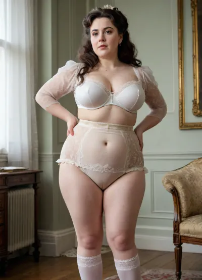 An elderly English aristocrat wearing long patterned trousers from the Victorian era an elderly aristocrat of the Victorian era in transparent underwear of the 19th century vintage., ((curvy hourglass figure)), (plump:1.4), dark hair, high hairstyle, (excessive pubic hair:1.4), ((cameltoe)), white transparent knee-length knickers with embroidery and ruffles, (((knickers:1.4))), (old woman with fat folds and cellulite:1.1), Big ass Wide hips big thighs.knickers trousers of the Victorian era, komerina, <lora:komerina_Animagine3.1_v1.0:.8>, bustysophie, <lora:bustysophie_xl_v1.1:.8>
