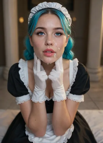 "I am a female alpaca. I have big pink lips with a purple contour, covered with shiny oil. I am presented in high resolution, with perfect lighting and full inclusion in the frame. My arms, legs, and face are detailed, with an emphasis on ultra-realistic details. I have long, gorgeous hair and a perfect, well-proportioned figure. My skin and hair have been treated to look healthy and shiny. I have big, plump lips that shine and reflect light, with makeup that includes long blue eyelashes and olive eyeshadow with sparkles. My hair is styled in five pigtails with straight blue bangs decorated with sequins. My eyes have a snake-like look. I am presented in an aesthetically pleasing environment, with elements such as stars, nebula and the sky in the background. My clothes and accessories, including a black dress, gloves, and a ribbon around my neck, are carefully chosen to match the overall aesthetic., (cum on face:1.33), masterpiece, best quality, perfect lighting, full body, (french maid:1.23), cum, facial, dripping, *Neon hair*