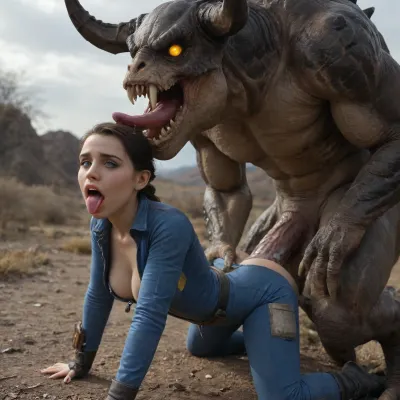 Elizabeth Comstock is dressed in a Vault 111 jumpsuit, is getting aggressively face fucked by a massive green glowing Deathclaw out in the Capital Wastes. Interspecies, Deathclaw, Fallout, Elizabeth Comstock, Bioshock Infinite, huge penis, (reptilian penis), mutant male, monster sex, zoophilia, detailed faces detailed eyes, detailed mouth, detailed pupils, detailed teeth, HD, ultra detailed, outdoors, body suit, unzipped suit, glowing male, cum inside, radioactive male, (mind broken female), gloomy setting, (visible penetration), capital wasteland setting, (female ahegao), side view