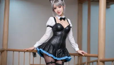 21 years old, UHD 8K, realism, beautiful background, detailed background, street, purple eyes, cat ears, gray cat tail, five fingers, perfect fingers, gray hair, a masterpiece of the highest quality, the work of a true master, jewelry, black lace thigh-high stockings, white shirt, black leather corset above the bust, with a zipper, ruffles, light blue stripe at the bottom of the skirt, black skirt, Lynette, Lynette Genshin Impact, (Genshin, Impact), (lin, ni, te), 1 girl, slender, waist, slender figure, solo, small tits, bow, ear, fluff, cleavage, bangs, face, smile, star-shaped mark on the right cheek, pleated leather skirt with a light blue stripe at the bottom, black, bow tie, <lora:linnite_x_00004l:2>