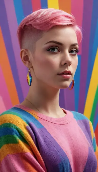 NSFW, (Not safe for work), . Digital illustration of a non-binary activist girl with short pink hair and shaved sides, in a setting surrounded by the vibrant energy of rainbows and geometric patterns of LGBTQIA+ pride. Strong colors, clean lines, inspired by modern urban art and pop art. The character displays a confident posture. Dynamic composition, vibrant lighting, high contrast, trending on ArtStation. "Gold earring accessories" / "She is wearing a white and pink striped knit sweater, with her shoulders exposed."
