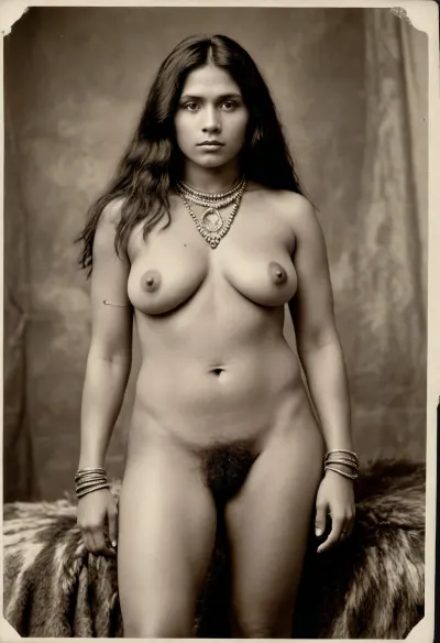 Vintage 1890s, Victorian, chieftainess of an Amazonian Indian tribe, strongly muscled, trained body, large, plump breasts, wild tribal jewelry, completely naked, tousled black hair, exposed pussy, very hairy pussy, pubic hair, 3/4 view, old torn sepia photograph, <lora:old_world:.8>
