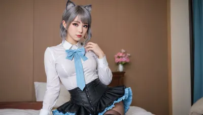 21 years old, 8K, purple eyes, cat ears, a beautiful gray cat tail, five fingers, perfect fingers, gray hair, a masterpiece of the highest quality, the work of a true craftsman, jewelry, black lace thigh-high stockings, white shirt, black leather corset with a frill and a zipper, light blue stripe at the bottom of the skirt, black skirt, Lynette, Lynette Genshin Impact, (Genshin, Impact), (lin, ni, te), 1 girl, slender waist, solo, small breasts, bow, ear, fluff, cleavage, bangs, face, mark, pleated leather skirt with a light blue stripe at the bottom, black, bow tie, medium size, shirt, <lora:linnite_x_00004l:2>