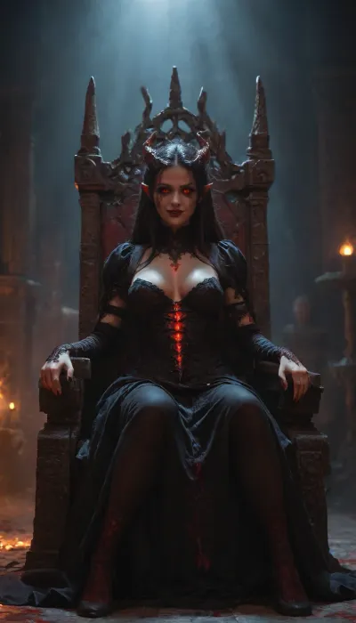 NSFW, Lilith, Queen of the Succubi, sitting on a throne of bones and blood, menacing smile, red glowing eyes, dark gothic atmosphere, very detailed, volumetric lighting, digital painting, style of Brom and Gerald Parel, Diablo 4 art style, dark fantasy, highly detailed, dramatic shadows, 4k. Big tits slut hotwife