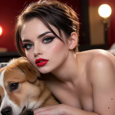 Photorealistic intense sex scene of Shelby, sexy 20-year-old woman with short blonde pixie-cut hair slightly messy in 80s hard rock style, (short hair:1.4), fair skin with light freckles, (freckles:1.3), sharp features, high cheekbones, bold bright red lipstick, (red lipstick:1.6), extravagant makeup with thick winged eyeliner, (winged eyeliner:1.6), long false lashes, (false lashes:1.6), heavy smoky eyeshadow, (smoky eyes:1.7), completely nude, on all fours on the hood of her black 1967 Chevrolet Impala at night, muscular handsome man behind her penetrating her shaved wet pussy doggystyle, (doggystyle penetration:1.9), (deep vaginal sex:1.8), her perky breasts bouncing, intense pleasure expression with parted red lips and rolled-back eyes, (ecstasy face:1.7), man gripping her hips firmly, golden streetlight glow on sweaty skin, highly detailed textures, score_9, score_8_up, score_7_up, source_real, real pony style
