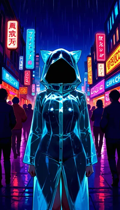 Cinematic, 70mm film, 1980's Blade Runner retro-futuristic San Francisco, night, neon signs, rainy wet streets reflecting the city lights, crowded vendor booths with crowds trying to get under cover, naked prostitutes wear clear plastic coats and cat call from covered awnings.