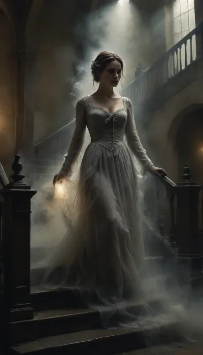 A photorealistic, surreal, and eerie scene set in an old, haunted 18th-century castle. The grand hall is dimly lit by flickering torches, casting shadows on the stone walls. A ghostly female figure descends the grand staircase, her presence ethereal and haunting. She is entirely translucent, with a subtle, silvery glow that highlights the delicate details of her tattered, flowing gown. The dress and her entire form are in shades of white and gray, emphasizing her ghostly nature. Her face displays a mix of elegance and eerie mystery, with subtle signs of her tragic demise, such as a faint, almost invisible rope around her neck. Light mist swirls around her, enhancing the mysterious atmosphere. The background remains dark and grand, focusing all attention on the ghostly woman, blending beauty with an eerie, unsettling vibe, Black, and, white, art, black, shading, charcoal, toned, brutal, dark, b/w, color, scheme, haze, misty, lagoon, mist, dusk, cloudy, smoke, atmospheric, clouds, fog, <lora:Black and white art.V1:.5>, <lora:EnvyHazeSliderXL01:2>, <lora:BIXL_Beautiful_Nature_Twilight_001:1.1>, <lora:Cloudy_Style:.8>, <lora:Aether_Ghost_v1.1_LoRA:2>