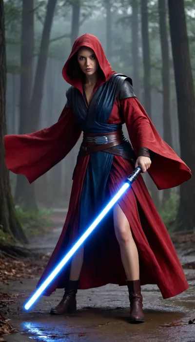 (((A cinematic Star Wars–style duel unfolds in a rain-soaked, ruined stone plaza at night. A calm, resolute female Jedi in torn robes wields a glowing blue lightsaber, her stance balanced and precise, eyes focused and serene. Opposite her stands a fierce male Sith, sharp-featured and aggressive, igniting a crimson lightsaber that crackles with raw power and rage. Rain hisses on scorched ground as blue and red blades clash in flashes of light, sparks flying, debris levitating under violent Force waves. The Sith attacks relentlessly with heavy, furious strikes, the Jedi counters with controlled, fluid movements guided by the Force. Dramatic lighting, storm clouds, cinematic motion blur, high detail, epic sci-fi fantasy atmosphere, tension between light and dark.))), (night, moon light, outside on jungle path, in ancient forest), cinematic lighting, (((fighting stance, holding lightsaber with both hands, lightsabers are crossed))), (elegant royal Jedi pr Sith robes), (prefect hands, prefect fingers, perfect feet), showing huge breasts, showing huge penis