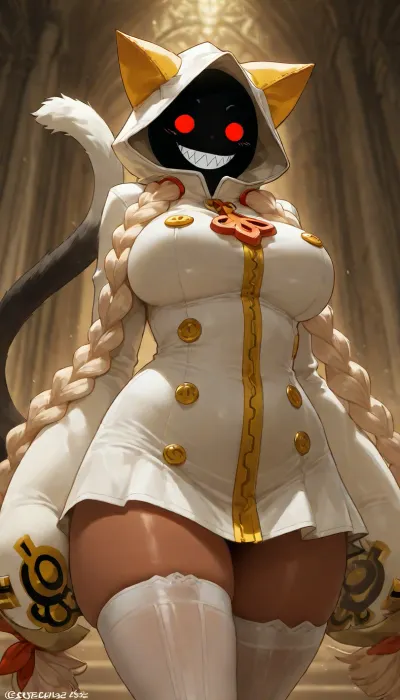 woman, mature woman, solo, milf, 35 years old, middle aged woman, blazblue taokaka, white hood with ears, face hidden taokaka, red eyes, sharp teeth, white costume taokaka, black leather, white baggy stockings