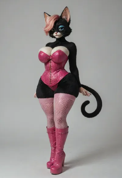 facing the viewer, ((makeup:1.5), long fake eyelashes, blue eyeshadow with glitter), (anthro furry cat:2), (anthro cat girl:1), sexy hourglass figure, long tail, (huge tits:1.8), full body shot, (cat paws), thick thighs, (huge bubble butt:1), (very wide hips:1.3), (narrow waist), anthro cat body, hot pink peekaboo hairstyle, bangs covering one eye, sultry expression, black fur, (hot pink corset, black miniskirt, pink knee high boots, white thigh high fishnet stockings), plain white background
