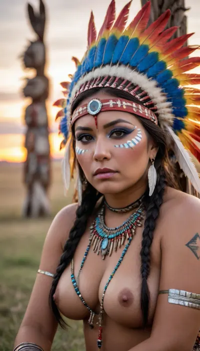 A adult beautiful chubby Sioux Indian woman with a large colorful Indian Sioux feather headdress and war paint kneels on the prairie in front of a Native American totem pole, She has a pretty coquettish faded face, elaborate hairstyle, big breasts, detailed crystal eyes, light glowing irises, heartshaped lips, lip gloss, aroused skin, she exhales, dramatic sunset, long shadows, ancient native mood, detailed photo, photorealistic photo, realistic pretty women photo, night vision, soft fokus, parallax, overexposure, #©KITTYART



































#©KITTYART