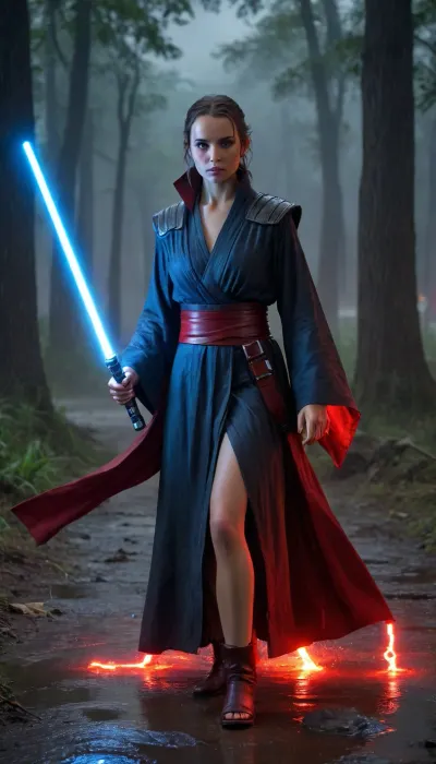 (((A cinematic Star Wars–style duel unfolds in a rain-soaked, ruined stone plaza at night. A calm, resolute female Jedi in torn robes wields a glowing blue lightsaber, her stance balanced and precise, eyes focused and serene. Opposite her stands a fierce male Sith, sharp-featured and aggressive, igniting a crimson lightsaber that crackles with raw power and rage. Rain hisses on scorched ground as blue and red blades clash in flashes of light, sparks flying, debris levitating under violent Force waves. The Sith attacks relentlessly with heavy, furious strikes, the Jedi counters with controlled, fluid movements guided by the Force. Dramatic lighting, storm clouds, cinematic motion blur, high detail, epic sci-fi fantasy atmosphere, tension between light and dark.))), (night, moon light, outside on jungle path, in ancient forest), cinematic lighting, (((fighting stance, holding lightsaber with both hands, lightsabers are crossed))), (elegant royal Jedi pr Sith robes), (prefect hands, prefect fingers, perfect feet), showing huge breasts, showing huge penis