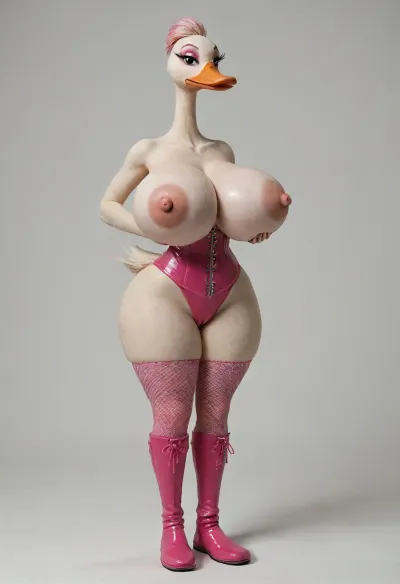 facing the viewer, ((makeup:1.5), long fake eyelashes, pink eyeshadow with glitter), (anthro furry goose:2), (anthro goose girl:1), sexy hourglass figure, (big tits:1.8), full body shot, thick thighs, (huge bubble butt:1), (very wide hips:1.3), (narrow waist), anthro goose body, hot pink short Karen hairstyle, bangs covering one eye, sultry expression, white fur, (hot pink corset, black miniskirt, pink knee high boots, white thigh high fishnet stockings), plain white background