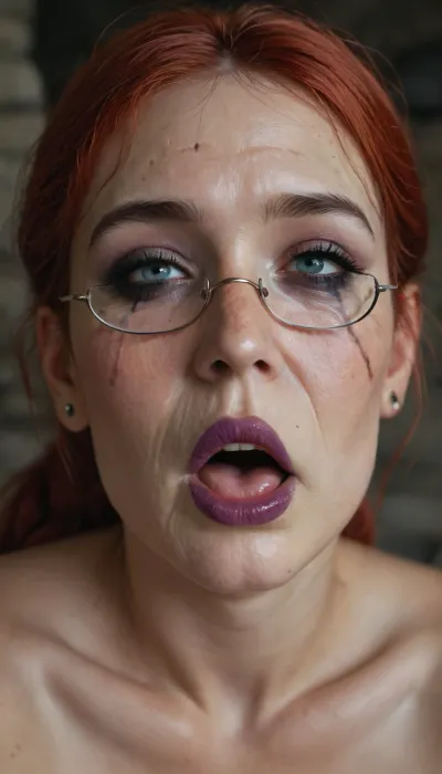 (face only:1.3), (red hair:1.3), thick glasses, ponytail, looking at viewer, orgasm, purple lipstick, dungeon, (granny 75-80:1.3), (Deep wrinkles:1.2), face wrinkles, open mouth, (smeared goth makeup:1.3), close up, naked, ugly