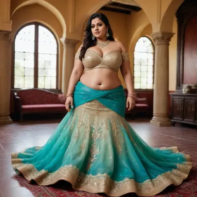extremely chubby Indian Woman, extreme gigantic boobs, extreme gigantic booty, extremely thick body, Very Large Breast, Extremely Wide Hip, wear an extremely sheer shiny lehenga choli style mermaid gown without underwear, off-shoulder, backless, frontless, extremely long floor length