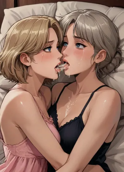 Score_9, score_8_up, score_7_up, reiq meets markgavatino art style, 2 women lying on a bed wearing nightgowns, 1 petite 22 year old blonde hair and 1 45 year old MILF grey hair, mother and daughter, reluctantly kissing, embarrassed, ((crying, tears, tears in eyes)), ((cum on faces, cum leaking from mouth)), cum stained tops, cute, doodle, ratatatat74, <lora:cutedoodle_XL-000012:.8>, <lora:ratatatat74-000050:.8>, <lora:NEOTOKIOXL_0.2_RC:.8>, <lora:outline_xl_kohaku_delta_spv5x:.8>