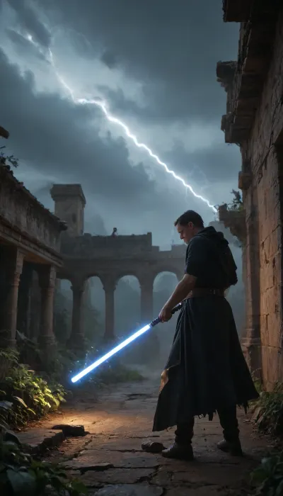 (female Jedi having stand-up anal sex with male Sith, prefect face, prefect hands and fingers, prefect feet), ((female Jedi in robes are torn cling lightly to her form with excess looseness, the fabric draping over her curves in a way that feels alluring)), (((she is bleeding where her robes were cut by his light-saber))), eyes focused and serene, ((Behind her stands a fierce male Sith, sharp-featured and aggressive)), (((the male is shooting the female with force lightning from a distance)), (Dramatic lighting, storm clouds, cinematic motion blur, high detail, epic sci-fi fantasy atmosphere, tension between light and dark, night, in an ancient ruins, ruins overgrown fully with plants))