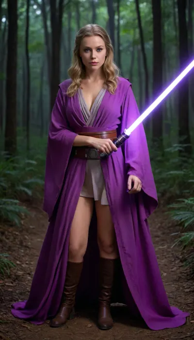 ((woman, Jedi Knight, in Jedi Garb)), (night, moon light, outside on jungle path, in ancient forest), cinematic lighting, (((purple lightsaber, holding lightsaber with both hands, fighting stance))), long blond hair, blue eyes, elegant royal Jedi robes, showing huge breasts