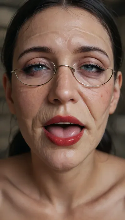 (face only:1.3), (black hair:1.3), round thick glasses, ponytail, looking at viewer, orgasm, dark red lipstick, dungeon, (granny 75-80:1.3), (Deep wrinkles:1.4), face wrinkles, open mouth, (purple smeared makeup:1.3), close up, naked, tan skin