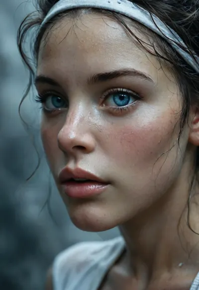 A close-up of a dark-skinned African man, capturing every detail of his face as his lips kissing a gasping pink white vagina, His expression radiates enjoyment, with a visible tongue tip, and meticulously detailed eyes, irises, eyebrows, and eyelashes. His nose, teeth, and the texture of his hair are all rendered with exceptional realism. He wears a headband, adding to his mysterious and slightly dangerous aura. His hair is black and curly, and the overall atmosphere is dark and enigmatic, with a subtle, misty background. Despite the dim surroundings, his face is perfectly illuminated, drawing the viewer’s focus entirely to his expression. The image is highly detailed and photorealistic, capturing the mood and intensity of the moment, <lora:MJ52:.2>, <lora:photorealistic_portrait_notrigger:.8>, <lora:Black and white art.V1:1.2>, <lora:Sweaty_Realism_4-000006:1.5>