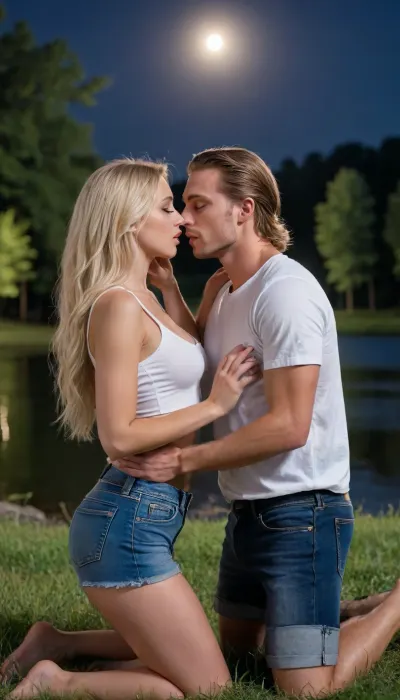 A sexy blonde woman, 25 years old, slender body, long wavy blonde hair, wearing a white crop top and denim shorts, kneeling on the grassy riverbank at night. The moonlight reflects on the river, creating a romantic atmosphere. She has a seductive expression, looking up at her boyfriend with her big blue eyes. Her boyfriend stands in front of her, wearing a white t-shirt and jeans, holding her head gently as she sucks his dick. The scene is illuminated by the soft glow of the moon and the distant city lights. The woman's lips are wrapped around his cock, her tongue swirling around the tip. The river flows gently in the background, with trees and rocks visible along the bank. The image is captured with a DSLR camera, using a shallow depth of field to focus on the couple, with a slightly blurred background. The overall mood is sensual and intimate, with a touch of adventure and romance.