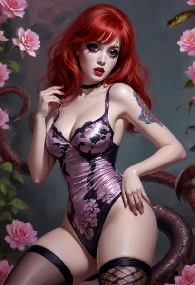 anime style digital painting, 1girl, woman, malevolent goddess, (makeup:1.3), (flowing dress:1), bombshell hair, red hair, French Roll, average figure, japanese, (snake eyes:1.4), The camera is pointing from the bottom to the top, (my feet are in stockings with a pattern of flowers and sandals), (I'm without panties, my pink pussy is beautiful), <lora:EnvyAnimeDigitalPaintingXL01:1>