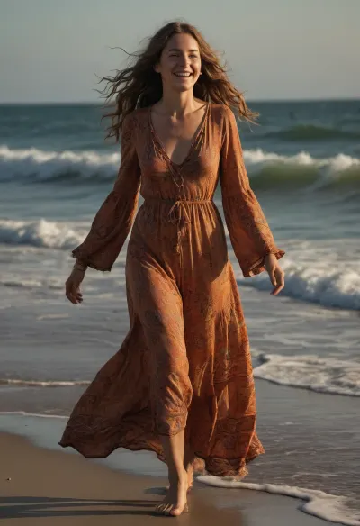 In a sun-drenched coastal village of the 1970s, a stunning hippie woman strolls barefoot along the beach. Her outfit, lovingly handmade, features vibrant patterns and flowing fabrics that catch the breeze. The atmosphere is laid-back and free-spirited, with the golden hour casting a warm glow. She exudes confidence and sensuality, her laughter mingling with the sound of the waves