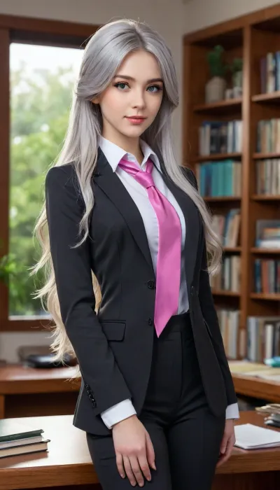 A high-quality anime-style illustration of a beautiful young woman with very long, flowing silver hair featuring a prominent ahoge and pink ribbons tied on the sides. She has large, striking turquoise eyes, long eyelashes, and a soft, blushing expression on her face. She is dressed in a formal black business suit consisting of a tailored blazer and matching trousers, worn over a white button-up shirt that is slightly translucent. She has a curvy, hourglass figure and is posed standing in a modern office or study, leaning one hand against a wooden desk while her other hand gently touches the back of her neck. The background is detailed, showing a tall wooden bookshelf filled with books, a framed landscape painting on the wall, and a potted plant, all illuminated by warm, soft indoor lighting that creates a professional yet inviting atmosphere.