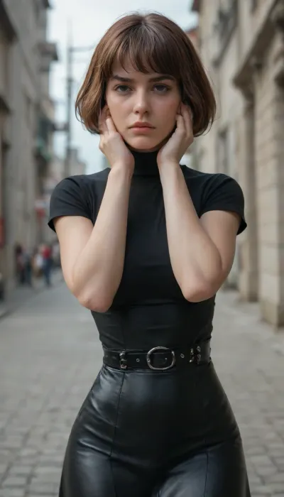 Young woman, petite velma, short woman, black leather straps dress, huge natural breasts, massive cleavage, thick physique, wide hips, small waist, futurisitc background. 3/4 body view, straight straps, sexy still, (very skinny face), big cheekbones, ((very bored:1.4)), (expression face:1.6), detailed face, (hand on her face:1.6)