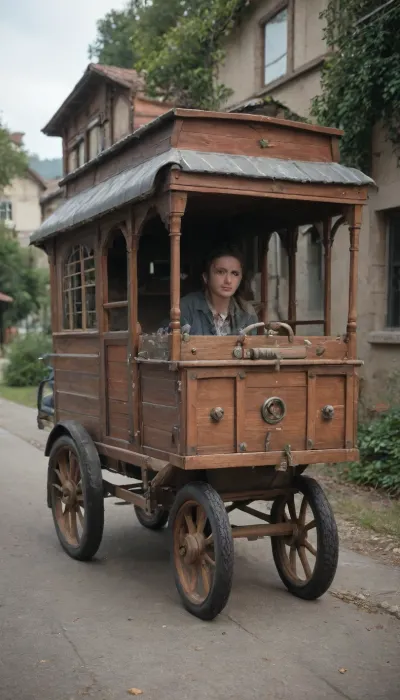A whimsical, custom-built hot rod, resembling a gypsy wagon, showcases intricate detail and an imaginative blend of automotive and fairytale aesthetics.

The image presents a detailed studio shot of a unique custom car. The composition is centered, highlighting the vehicle’s quirky design. The wagon portion of the car is angled slightly upward, creating a dynamic feel. Elements are meticulously positioned to display the various components, the wagon body, wheels, chassis, and details like the chimney and lantern. The framing and lighting suggest a professional setup, emphasizing the craftsmanship and the blend of styles.

The key subject is a custom-built vehicle. It features a miniature gypsy wagon body, painted in shades of green with a red tiled roof, complemented by blue shutters around a window. The wagon is adorned with a decorative chimney, a small potted plant, a lantern, and a red hanging light. The wagon is mounted on a custom chassis with large, black rear tires and smaller, silver front wheels, giving it a hot rod appearance. The tires are broad with a low profile, and the wheels are finely detailed with chrome accents, adding to the visual appeal.

The artistic medium appears to be a physical model, meticulously crafted with a high level of detail. The technical execution shows precision in the construction of each component. The style blends the whimsical elements of a fairytale gypsy wagon with the bold lines and aggressive stance of a hot rod. The creative choices include the contrast between the organic shape of the wagon and the rigid lines of the chassis and wheels. The use of varied textures, from the rough tiles of the roof to the smooth chrome of the wheels, is noteworthy.

The setting appears to be a professional studio backdrop, with a neutral gray background that draws focus to the car. The lighting is soft and even, highlighting the details and textures of the model. The environment is devoid of distracting elements. The lighting condition eliminates harsh shadows, and the overall atmosphere focuses on showcasing the intricate details and creative blend of aesthetics in the model.