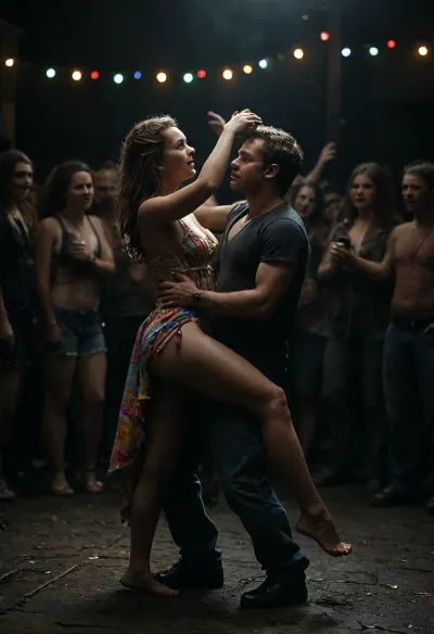 In a vibrant, photorealistic scene, (a cheerful, half-naked group of happy hippies in creative, colorful hippie clothes celebrates sexual freedom:1.6), (The hippie group celebrates free sexually love:1.4), (partner swapping and sharing:1.6), (sharing sexual experiences:1.3), lustfully, (uninhibitedly:1.3), tenderly, spontaneously, (orgy with random sex partners:1.5), beautiful bodies, happy faces, (perfect rendered various faces:1.5), perfect anatomy, perfect hands, devotion, and intoxication, around a warm campfire, wearing colorful, creative sexy clothing and a sea of vibrant patterns. Festive lanterns and string lights illuminate the scene, casting a warm glow. In the background, softly blurred, are colorful wagons where the wanderers live. The atmosphere is one of harmony, euphoria, (and life’s simple joys:1.3), single acoustic guitar music fills the air, and the entire scene radiates a peaceful, joyful evening vibe, (fucking while dancing:1.7), (perfect rendered penis:1.2), woman, cum, on, face, <lora:MJ52:.5>, <lora:dark:.1>, <lora:JustCum:.6>, <lora:crowd_notrigger:1.1>, <lora:photorealistic_portrait_notrigger:.8>