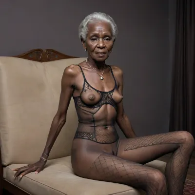 Petiteold granny, 89 year old, Congolese granny, blac skin, tiny body frame, very thin and skinny, ribs and hip bones showing, translucentbody stocking. Legs wide apart, tribal jewelry, sitting in a provocative pose, flashing pussy, full body image, high heel shoes, <lora:PantyPull-000005:.8>, <lora:ahxl_v1:.8>