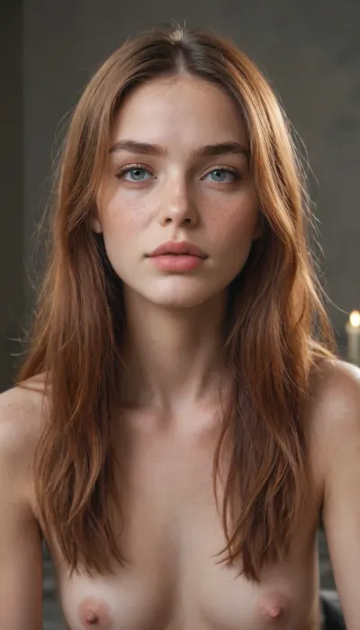 score_9, score_8_up, score_7_up, score_6_up, (Extremely detailed:1.5), high realistic, best lighting, dark room, ((candlelight)), full body view
______________________________________________a beautiful 18 year old woman, petite, detailed skin texture, freckles, ((long hair:1.2)), (brown hair with gray reflection), ((Petite 18 year old, feminine face, skinny, (slender body:1.3), ginger hair, long hair, innocent face, (Square formed face), high cheekbones, sharp jawline, natural eyebrows, ultra high face details, detailed face, Ultra detailed eyes, perfect fingers, perfect toes, anatomically correct body parts, small tits, small pink areolae, luscious puffy lips, small bubble butt, long legs, hourglass figure, thick pussylips, gap between legs, tight pussy)), (((visable pussy)), ankle socks____________________________________________, (looking at the viewer:1.5), (sad:1.2), (<lora:Taretiti_XL-v1:.4>, <lora:EnvyZoomSliderXL01:2>))