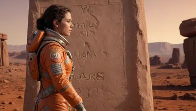 A female astroarchaeologist in spacesuit, examines the details of a large stone tablet with alien symbols, Mars, alien Stonehenge in the background, harsh orange light, volumetric lighting, epic vista, cinematic, hyperdetailed, intricately detailed, 8k, photorealistic, trending on artstation, masterpiece, <lora:SDXLHighDetail_v6-000005:.8>