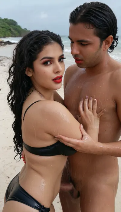 Realism, 1 indian 25yo, beauty full face, beauty black wavy hair, 1 girl, black bikini, in a tropical beach, red lipstick, wet, dark make-up, the man pull back her hairs with both hands
