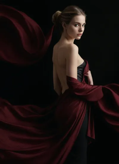 ** "Ultra-detailed, high-resolution professional photography of a slender young woman lying gracefully in a clean black background. Her delicate frame is draped in luxurious burgundy fabric, cascading elegantly around her petite form, creating fluid folds and rich texture contrasts. She wears her hair in a sleek, sophisticated bun, emphasizing her refined profile. The composition is a full-body panoramic portrait, shot from a slightly elevated angle to capture her entire figure in a tasteful, artistic manner. **Key Elements, **, **Lighting, ** Warm, diffused natural light with subtle shadows to accentuate the burgundy fabric and her porcelain skin., **Styling, ** Minimalist yet opulent—gold drapery clings to her body in an organic, flowing manner, suggesting movement and elegance., **Mood, ** Serene, contemplative, and softly sensual—evoking classical fine art portraiture with a modern photographic edge., **Background, ** clean Neutral black background, **Camera Specifications, ** Shot on a high-end DSLR with shallow depth of field, (f/1.8), 85mm lens for flattering proportions, 4K resolution. Low angle view, **Artistic References, ** Inspired by contemporary fashion editorials and Renaissance-era draped portraiture, blending timeless beauty with realism." *Optional refinements, *, *Texture emphasis, * Highlight the contrast between the smooth skin and velvet fabric., *Pose subtlety, * Slight arch in the back, one leg slightly bent for dynamic tension., *Color grading, * Warm golden tones with muted highlights for a painterly effect."