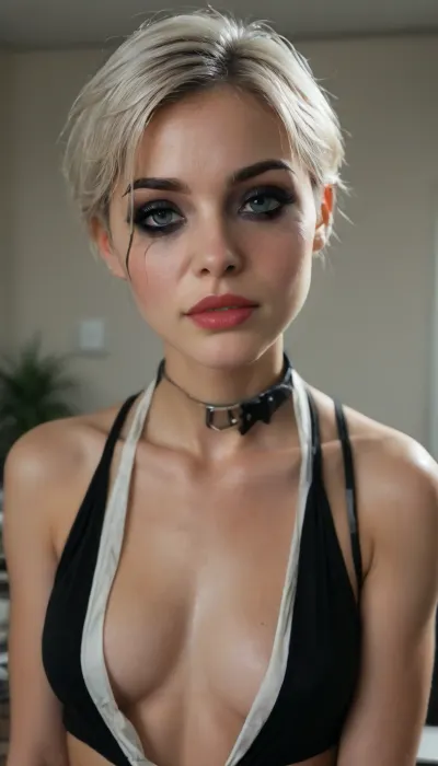 (((young))), (white short hair:1.5), slutty clothes, (black collar), slim hourglass body, horny face, (spit on her face and chin:1.4), attractive body, (black makeup:2), (blue eyes), (into the office), (face close up:1.4), (plunging neckline), (black crop top), skinny, perfect skin, beautiful face, ultra high details, hdr, natural tits, close up full body view, standing, toned body, vivid colors, Stable-Yogis-Makeup-Enhancer-XL, detailxl, detailed eyes, movie, still, film, cinematic, shot, lighting, macro, 35mm, <lora:DetailedEyes_V3:2>, <lora:AdvancedEnhancerXLv2:2>, <lora:style_lora_realis:2>