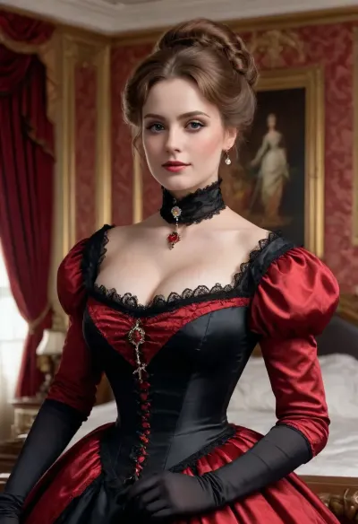 (busty VICTORIAN LADY, Victorian, Victorian girl, Victorian woman:1.5), ((evil high class aristocrat, red and black dress, luxurious bedroom)), (ball gown, elite high class bed, beautiful Victorian bedroom, large ball room lined with expensive paintings), (porcelain skin, elegant neck, narrow defined jawline, high defined cheekbones:1.2), (large smile, gleeful)