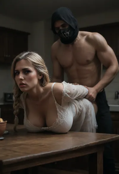 Insanely hot woman with giant boobs, russian supermodel, ((masked burglar fucks woman from behind)), (ultra detailed 4K UHD RAW photo), highly detailed, 8k, (photorealistic:1.7), man brutally rapes from behind a 40 year old housewife, lifting her flowery dress, scared woman with huge boobs in the kitchen, ((crying sad face)), ((curvy body)), ((milf:1.4)), ((bent over)), ((long blonde braided haircut)), ((makeup:1.5)), ((A woman is bending over the kitchen table)), ((forceful, maledom, brutal, rough)), ((her hands tied behind her back:1.3)), ((he is pressing her head down on table:1.3)), the hem of her nightgown is pulled up on her back, full and rounded buttocks are exposed, big, boobs, large, breasts, huge, gigantic, <lora:bombshell_v2:.5>, <lora:dark:.8>