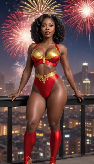 oiled muscular black woman, thick superhero milf, eye shadow, Big ass, posing hands in hair, traditional chinese new year, legs up, smirking, slicked hair, vibrant red yellow black, elegance, city lights and fireworks in sky background, ebony railing balcony foreground, cartoon style, unrealistic, absurd elements