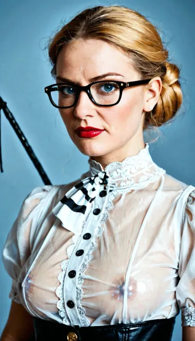 close up face portrait of a Dominatrix, 45 years old, very realistic pussy, very realistic vagina and anal, retro, Nordic sorority, British headmistress in transparent sheer body satin uniform, covering the chest completely, mature 55 years old, British headmistress, dark red lipstick, blue eyes, 45 years old Nordic woman with Victorian Edwardian shiny blonde golden hair, hair bun, pale skin, angry attitude, arrogant attitude, dominant face, bitchy face, looks disapproving at the viewer, looking at the viewer, intense stare, looking at viewer, eye contact, with a leather whip in her hand, wearing glasses, 45 years old Victorian British headmistress, milf body, boobs, best quality, Victorian mature face, British Victorian headmistress, wearing transparent sheer satin transparent see trough uniform covering completely the breast, all uniform buttons close tight around breast, all buttons close, tight white shirt with all buttons tight close, tight white satin transparent sheer shirt