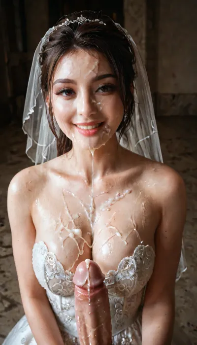 (masterpiece, best quality, bukkake, epic scale, ultra-detailed, highres, photorealistic), cinematic shot of a gorgeous woman, the bride, standing in the center of a vast, empty gymnasium, her entire upper body is the focus, her once-pristine white lace wedding gown is completely drenched and dripping, plastered to her skin, her face, hair, neck, and the entire bodice of the dress are absolutely coated in an overwhelming amount of thick cum, multiple layers visible, she has her head tilted back slightly, eyes half-closed in a state of dazed, ecstatic bliss, a faint, debauched smile playing on her lips, dramatic spotlighting from above, highlighting the glistening textures of the mess against her skin and the delicate lace, shot on cinematic film, heavy film grain, creating a raw, gorgeous, and highly detailed epic scene., bukkake, cum, wedding, girl, sucking, cock, yeonhwa, <lora:MS_Real_XL_Bukkake:.7>, <lora:sl_sila:.8>, <lora:cockteaseLoRASDXL:1.1>, <lora:LoRA-girls-sdxl-v4:.8>