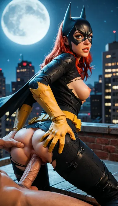 (Batgirl), (bright red hair), medium breasts, (perky nipples:1.4), round ass, utility belt, city rooftop, night sky, moon, tattered clothing, (ripped clothing:1.4), perky nipples, focused expression, shaved pussy, godpussy, high contrast, (grimacing:1.2), (hands on ass:1.2), (man just out of frame), (thick penis with veins), (erect penis), (average-sized penis), (doggystyle sex from behind bent over), (fucked hard from behind), (bouncing tits), <lora:detailed_notrigger:2>