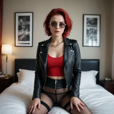 A photograph taken in a dimly lit bedroom presents a striking portrait of contemporary urban style. At the center of the image sits a woman on an unmade bed, posed confidently and facing the camera. Her posture is relaxed yet deliberate, suggesting self-assurance rather than informality.

She is dressed in a black leather jacket adorned with metallic studs, a garment commonly associated with rock and street fashion. Beneath the jacket, she wears a sheer, form-fitting bodysuit that contributes to the layered aesthetic of the outfit without drawing attention away from its overall structure. Thigh-high socks with bold horizontal stripes complete the look, adding a graphic element to the ensemble. Accessories include large hoop earrings, layered necklaces, and narrow red sunglasses, which provide a sharp contrast to the otherwise dark color palette.

The setting reinforces the modern, metropolitan tone of the image. Colored lighting—red and blue—casts soft glows across the room, while everyday objects scattered around the bed create a sense of realism rather than staging. A framed cityscape on the wall further situates the scene within an urban context.

Overall, the photograph reads as a visual commentary on contemporary fashion and identity, combining elements of streetwear, classic accessories, and an informal domestic environment to create a composed yet unguarded moment.