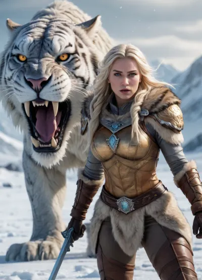 A fierce Nordic warrior woman with long icy-blonde hair rides a massive prehistoric saber-toothed tiger through a frozen snowfield. She wears rugged fur and leather armor, battle-worn and frost-covered, with intense determined eyes. The beast has enormous curved fangs, glowing amber eyes, thick frost-covered fur, and powerful paws crushing snow beneath it. Snow particles swirl in the cold air, distant icy mountains blurred in the background. Ultra-realistic fantasy style, epic cinematic lighting, shallow depth of field, high contrast, dramatic composition, hyper-detailed fur and skin texture, photorealistic, 8K resolution, cinematic fantasy movie poster, cold color grading, epic atmosphere.