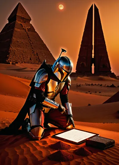 A lone astroarchaeologist, clad in an armored Mandolorian spacesuit with a T-shaped visor illuminated with red light, kneels on the desert planet of Korriban covered in red sand, among the pyramidal tombs, in front of a towering obsidian obelisk pulsing with bioluminescent glyphs. His gloved fingers fumble over a tattered holographic tablet, the screen flickering with rapid translations of ancient writing, each symbol wriggling like living tendrils, and the planet's two moons casting ominous shadows on the ruins. The half-submerged wreckage of mechanisms of unknown purpose lay around, their corroded edges etched with the same spiraling language as on the tablet's display. Close-up. Detailed, hand, Hand, Perfect, 7-CloneCommando, Mandalorian, style, <lora:Mandalorian style:.8>