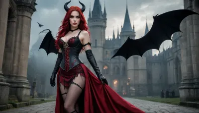 Ultra-detailed anime-style masterpiece of a breathtakingly beautiful female succubus demon standing confidently in a dark gothic fantasy castle courtyard at twilight, long flowing crimson red hair cascading down to waist with loose waves and strands blowing in the wind, sharp elegant black demon horns curving backwards, large majestic bat-like wings with red membranes and black leather texture spread wide behind her, pale flawless skin with subtle red glow on cheeks, piercing golden-yellow eyes with slit pupils and intense seductive gaze directly at viewer, subtle fang visible on neutral mysterious expression, wearing an elaborate black and deep red gothic corset dress with shiny leather material, deep plunging neckline revealing generous cleavage, gold buckles and chains across the chest, short flared red skirt with black lace trim, thigh-high black stockings with garter straps, long black gloves with gold accents, elegant black cape partially held in one hand, dramatic atmospheric background with tall spooky castle towers, flying bats in the misty sky, foggy ground and ancient ruins, moody lighting with red rim light on wings and hair, cool blue-gray tones in the mist contrasting warm reds, highly intricate details on fabric textures, wing veins, hair strands and castle architecture, cinematic composition with low angle emphasizing power and allure, best quality, sharp focus, 8k, intricate linework, vibrant colors, dark fantasy aesthetic, masterpiece