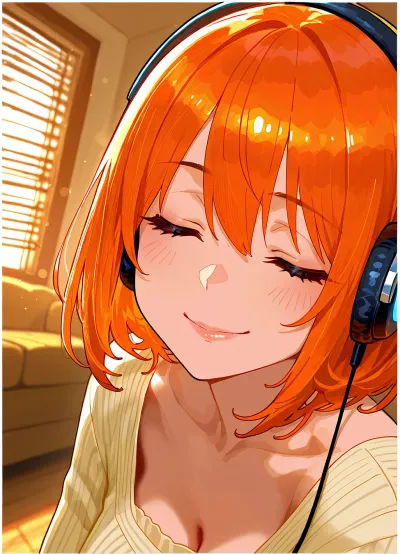 SK_comic, adult woman, cute woman, short orange hair, relaxed casual pose, soft contented smile, eyes closed, living room, window, window blinds, dramatic light, depth of field, bokeh, dynamic angle, listening to music, headphones, focus on blissful face